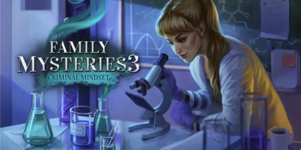 Family Mysteries 3: Criminal Minds cover. The main character of the game, a caucasian blonde young woman, is leaning over a microscope. The background is a lab, with purple and green hues.